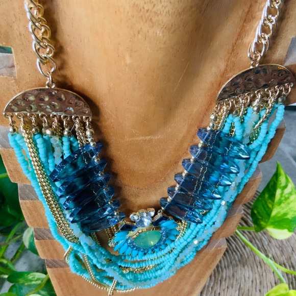 Bold Statement Necklace Multi Strand DRAMATIC VINTAGE 1980s TURQUOISE BLUES NWOT - Picture 14 of 15
